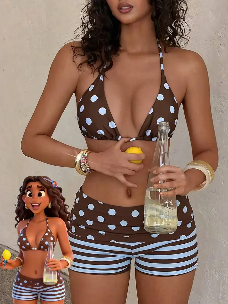 

Womens Polka Dot Bikini Set With Striped Shorts Retro Beachwear Summer Outfit