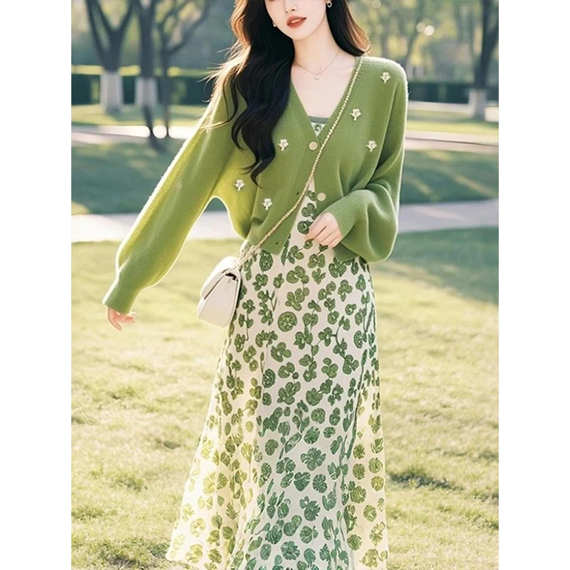 Spring Set Women's 2025 New High-End een Knitted Cardigan Floral Dr Two-Piece Set Casual Sle Long Sve Midi Dr
