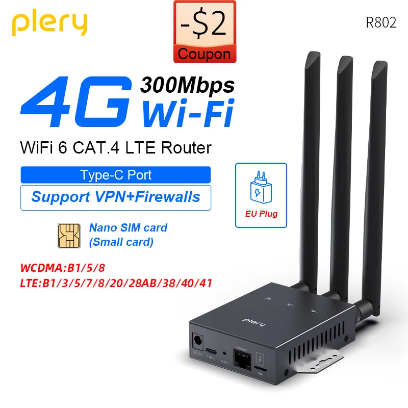 

Plery WiFi-маршрутизатор WiFi6 4G LTE-маршрутизаторы 2,4G 300 Мбит/с Портативное интернет-устройство Nano SIM-карта Порт LAN/WAN для IP-камеры Вилка европейского стандарта