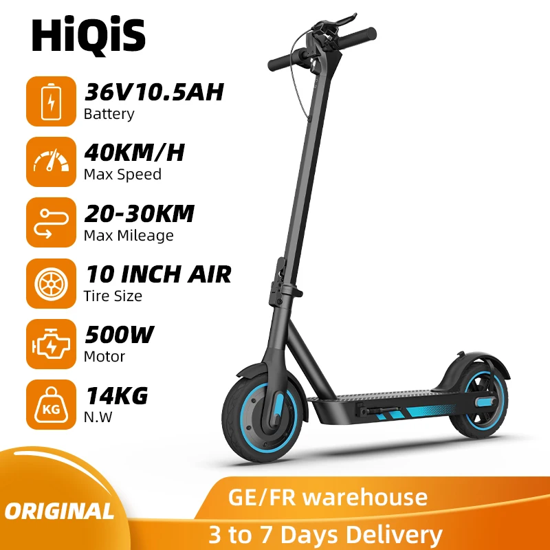 HiQiS V10 e-scooter 500W moteur 36V 10.5Ah 40KMH vitesse 30KM portée pliable EScooters 10 pouces pneu à Air Scooter électrique pour adultes