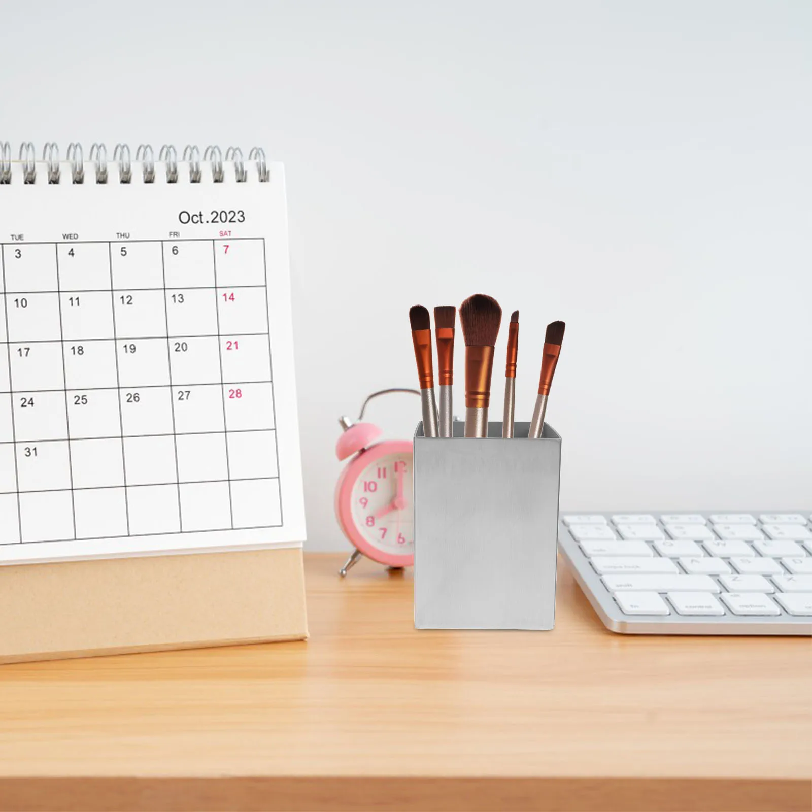 

Stainless Steel Pen Holder Square Desktop Organizer for Stationery Cosmetics Brushes Lightweight Silver