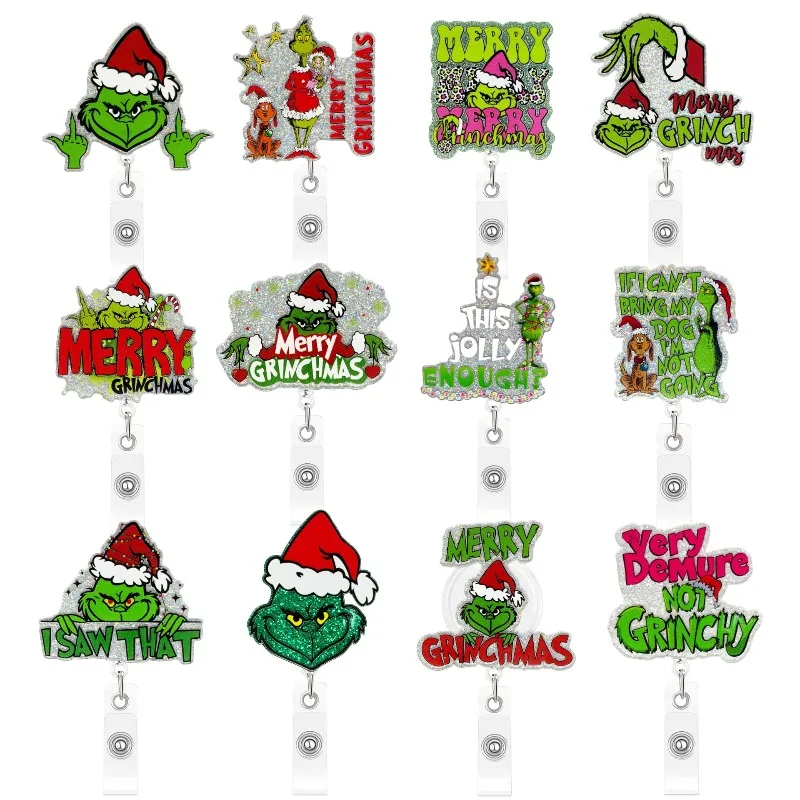 Christmas Green Monster Badge Reel Retractable ID Holder with Glitter Acrylic Green G Easy Pull Office Holiday Fun Pendant