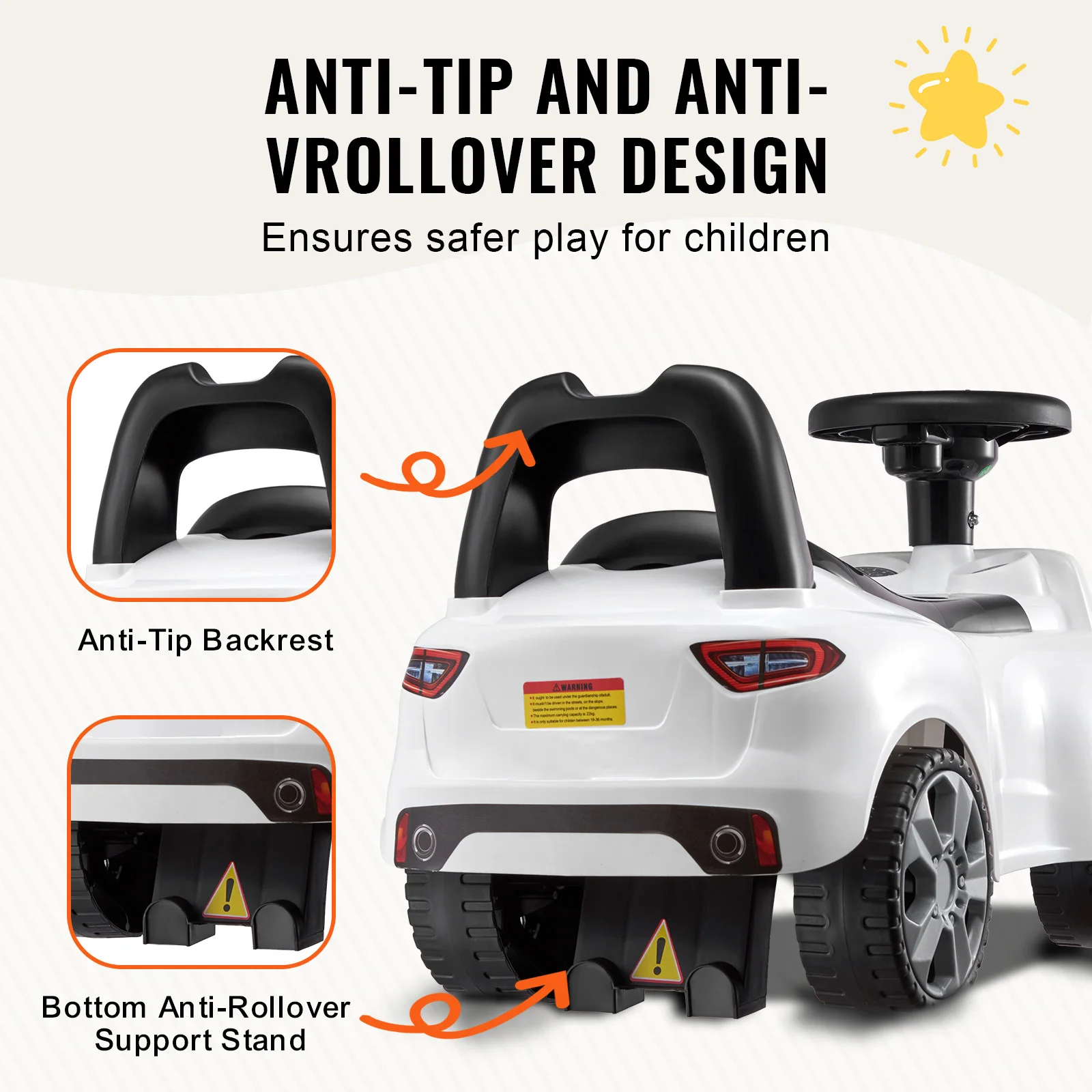 SucceBuy White/Pink Ride On Push Car Classic Kids Ride On Sports Toy Car with Music Steering Wheel for Toddlers Boys Girls