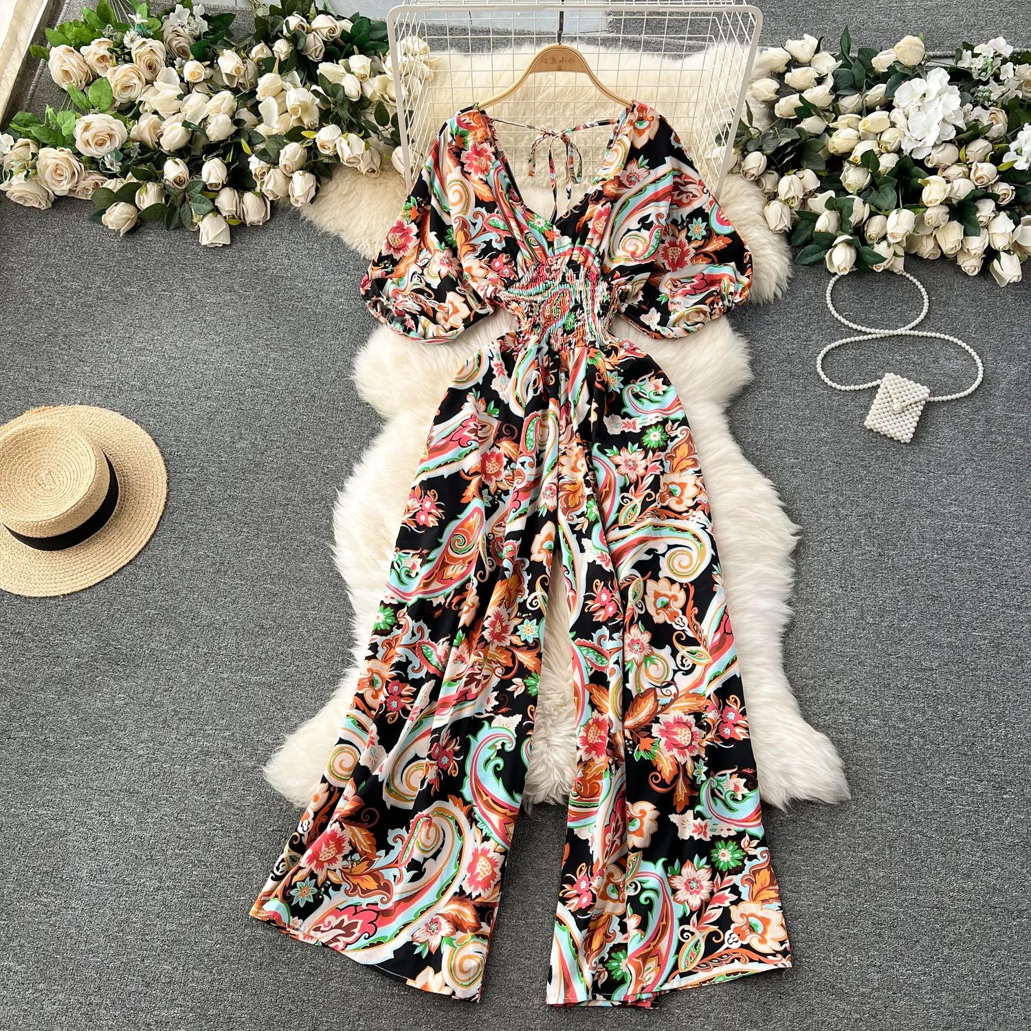 بذلة نسائية بطبعة زهور بساق واسعة ، بذلة برقبة على شكل حرف V ، أكمام دولمان مثيرة ، بنطلون بخصر نحيل