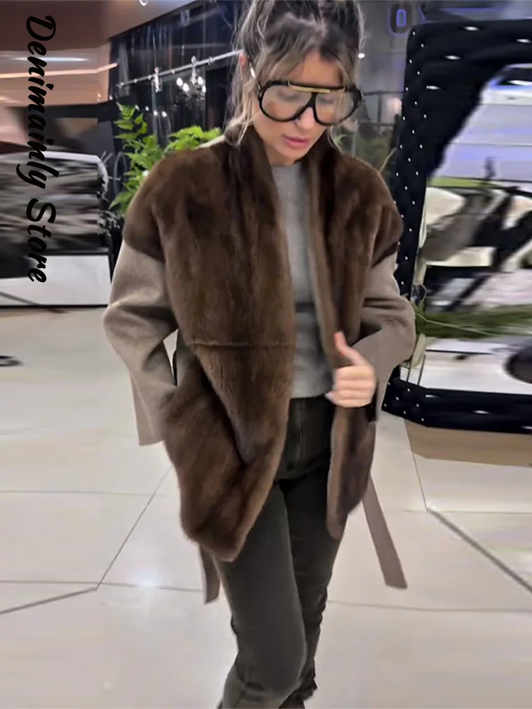Women's Faux Fur Patchwork Jacket Belt Stand Collar Full Sleeve Hidden Button Lace Up Loose Jackets 2026 Autumn Winter Lady Coat