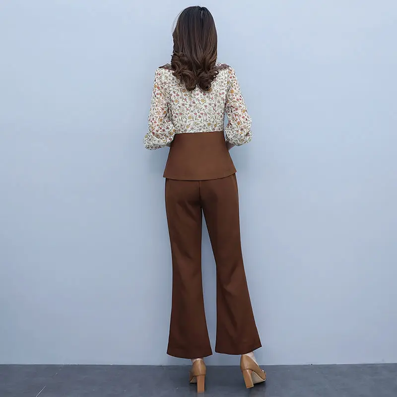 Korean Popular Ruffle Collar Long-sleeved Chiffon Shirt Casual Pants Two-piece Elegant Women's Pants Set Temperament Tracksuit