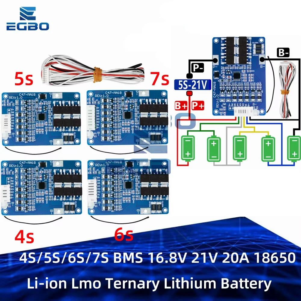 4S/5S/6S/7S Voltage Range 18650 Li-ion BMS Protection Board for LMO/Ternary Lithium Batteries 16.8V-21V 20A Balance