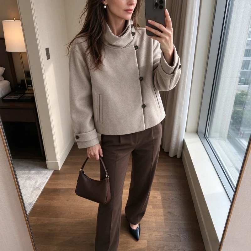 Ladies Cropped Wool Blend Coat Double‑Layer Stand Collar Asymmetric Button Closure Cuff Strap Trim Pockets Autumn Winter