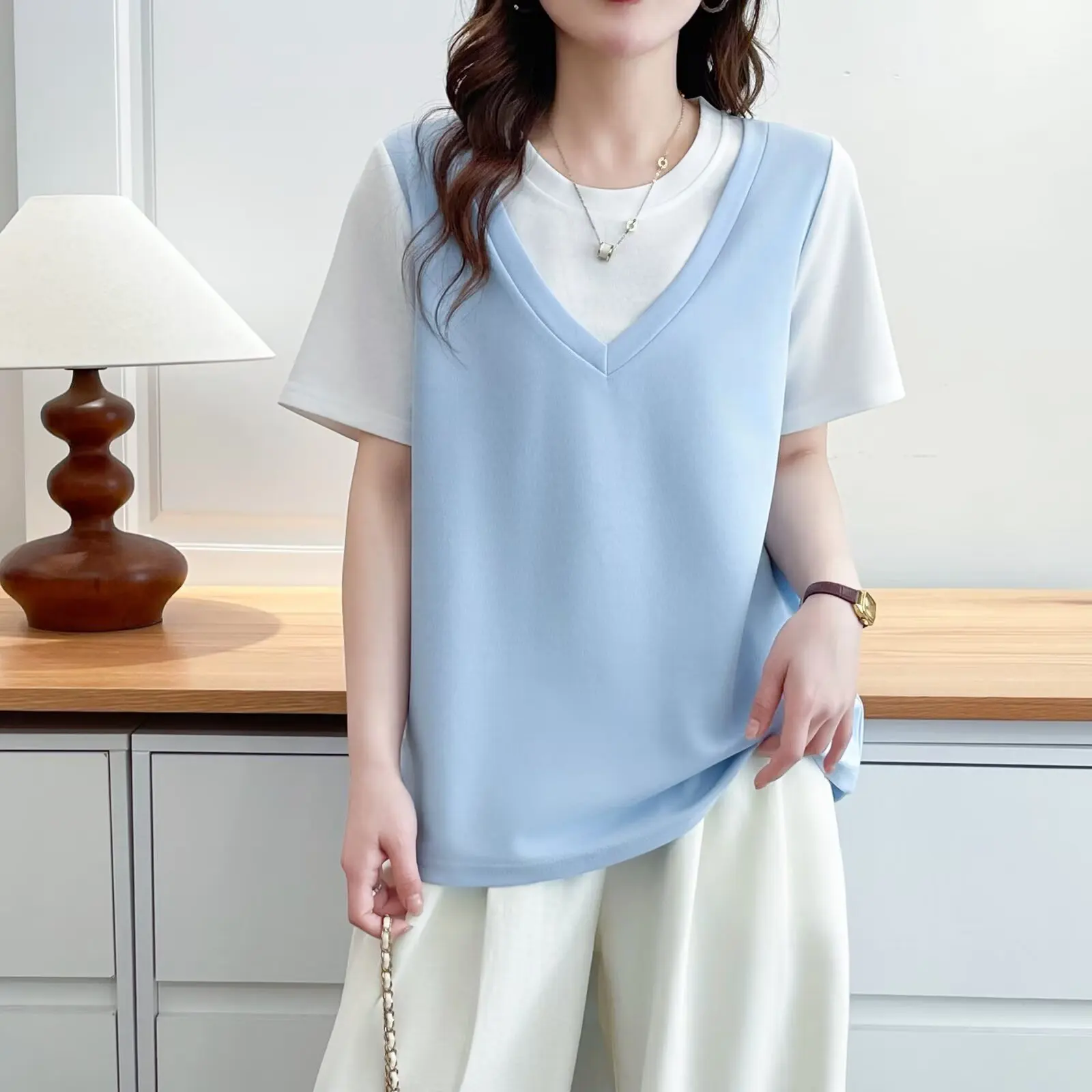 

2026 Summer Plus Size Women Fake Two Piece T-shirt Contrast Color Slim Short Sleeve Pullover Tops For Curvy Ladies 2609