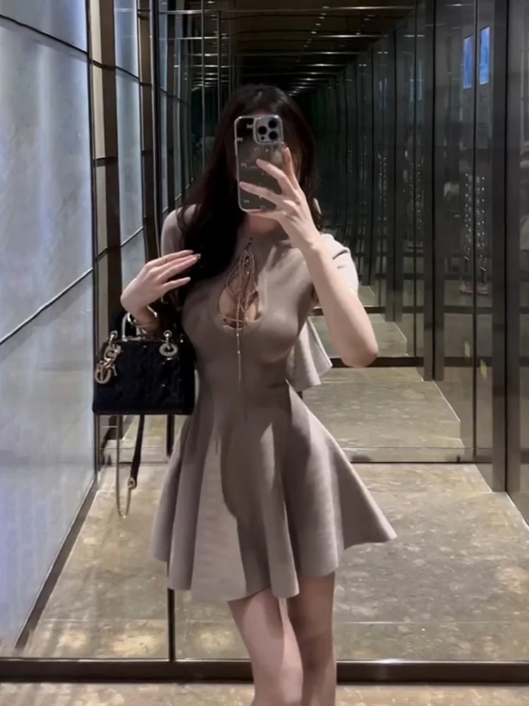 

Elegant Hollow out Belted A-Line Short Dress Women's Winter Slimming Skirt Fashionable Ladylike Style Bridesmaid Dress