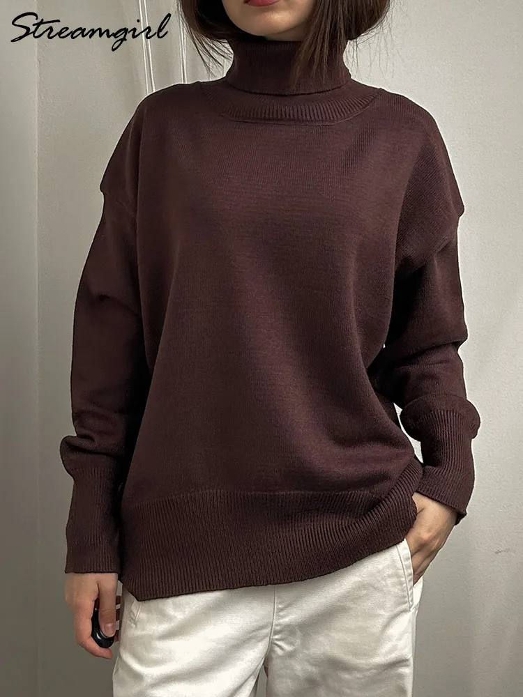 Basic Red Turtleneck Sweater Women Trends 2024 Winter Pullovers Oversize Sweater Woman Jumper Women\'s Turtleenck Sweaters Coffee