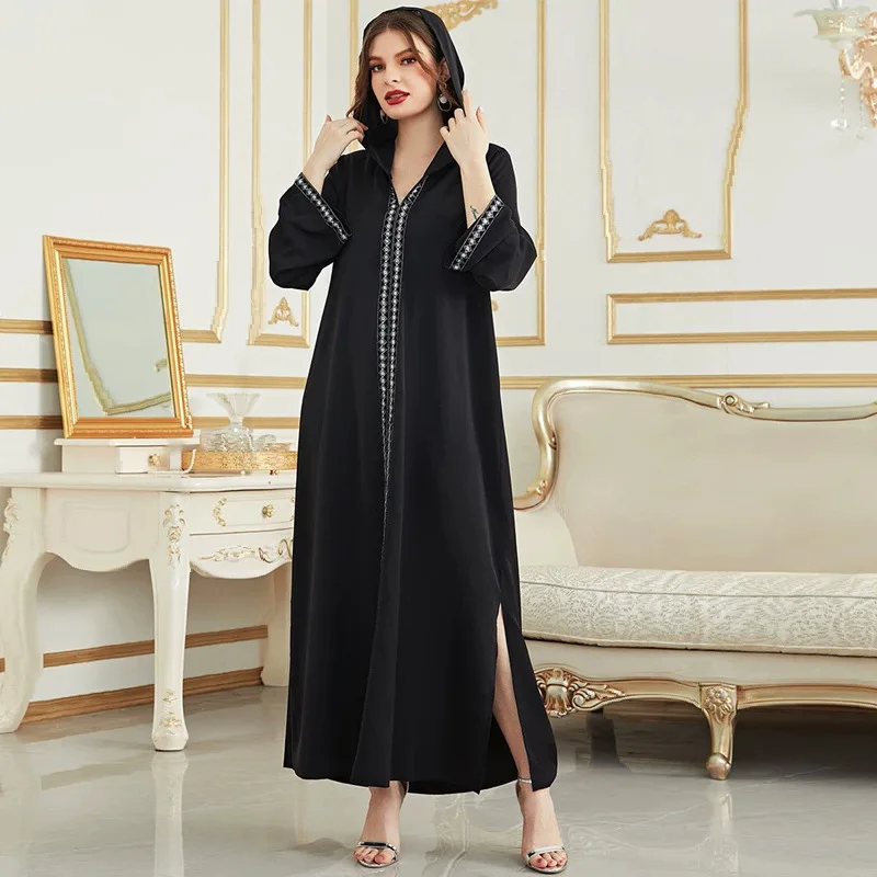 

2024 Hot Selling Islam Abaya Kaftan V-neck Black Loose Robe Femme Musulane Fashion Hooded Women's Dress for Europe and America