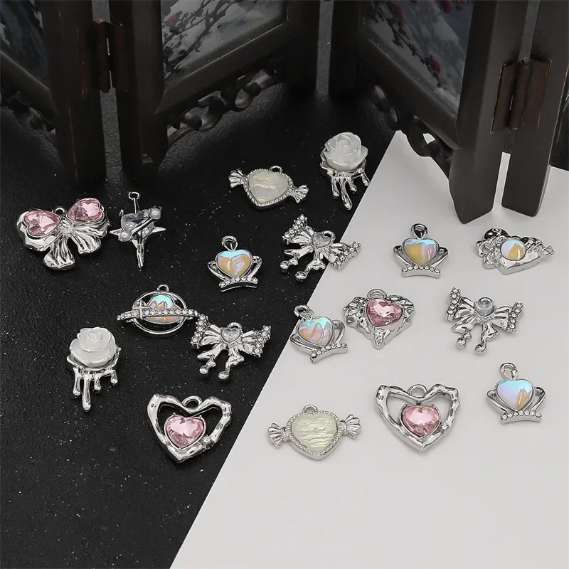 2Pcs Y2K Sweetheart Phone Case Strap Charm Bow Colored Gem Hanging Decoration Girl Handmade Bracelet Earings DIY Beaded Pendant