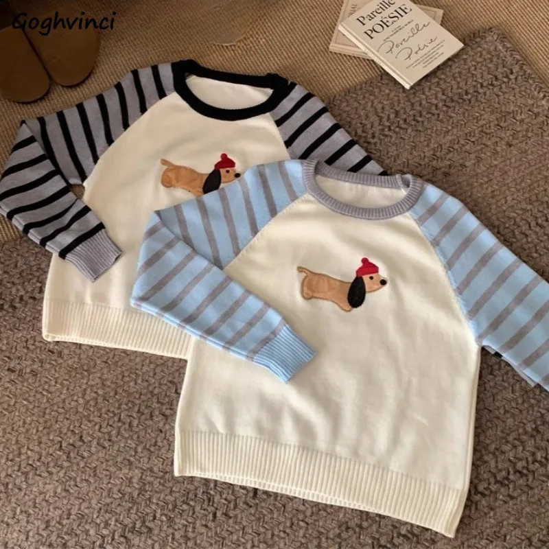 

Pullovers Women Soft Knitted Loose Fit Autumn Embroidery Design All-match Gentle Striped Sweaters Sweet Lovely Girls Streetwear