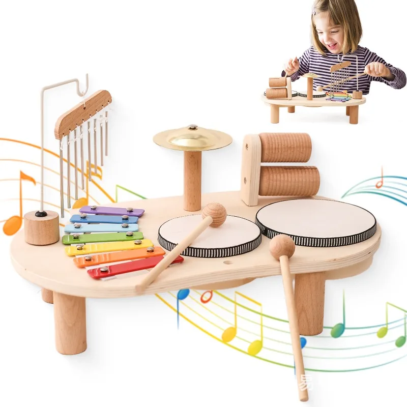 Toddlers Musical Instruments Montessori Educational Toys Wooden Xylophone Drum Aeolian Bells Percussion Music Station Kids Gifts