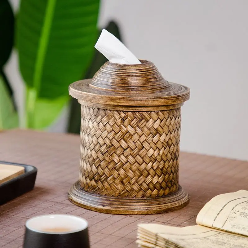 

Bamboo woven retro tissue box Restaurant round roll paper tube living room household drum paper box