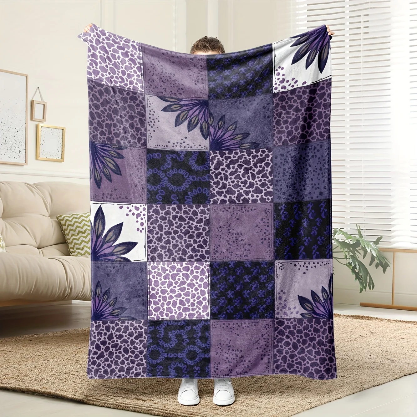 Decorative Purple Patchwork Throw Blanket Geometric Design Cozy Autumn Winter Couch Sofa Wrap Microfiber Throw for Seasonal