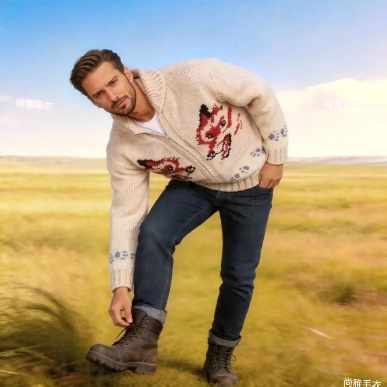 Men's Fox Plaid Knitted Sweater Blazer for Spring 2026 - Thick Knit with Zipper Closure Loose and Comfortable Style