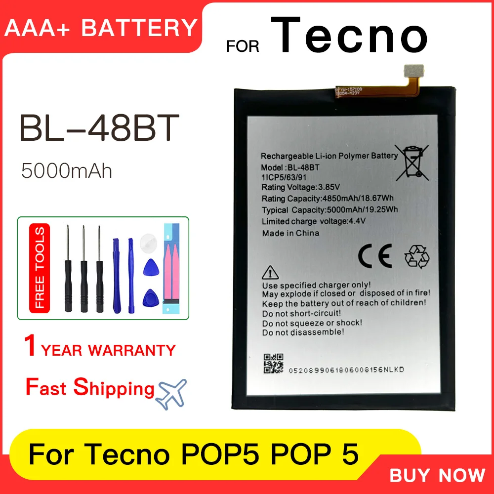 

Genuine 5000mAh BL-48BT Replacement Battery For Tecno POP 5 / POP5 Mobile Phone Batteries batteria+Free Tools