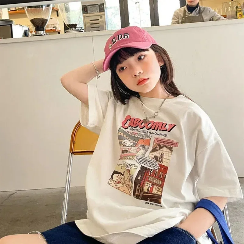 School Kids Cotton Loose Four-Frame Comics Half Sleeves Tee Tops Summer Baby Girls Short-Sleeved T-Shirt Child Outerwear 1-16Yrs