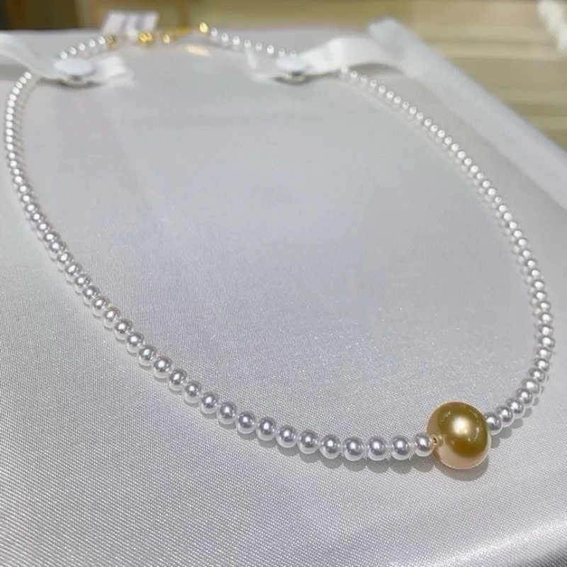 

SGARIT South Sea Golden Pearl 10-11mm Aurora Gold Round Pearl Necklace 925 Sterling Silver Chains Jewellery for Party SN23