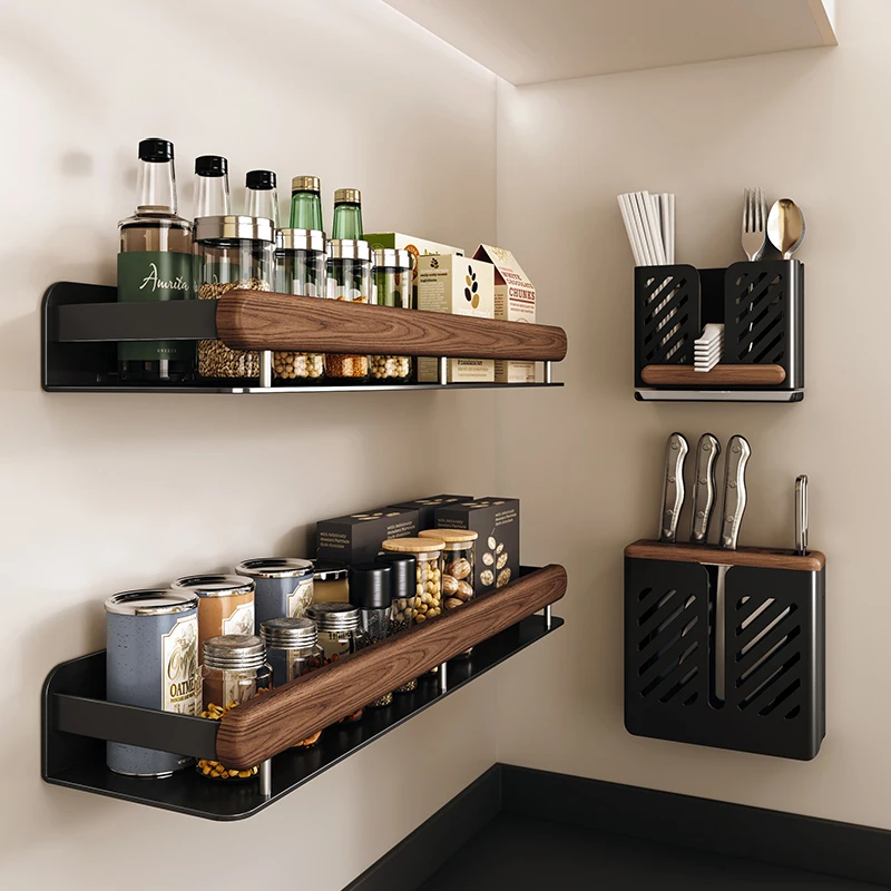 

Kitchen walnut seasoning wall-mounted non-punching wall chopsticks and spoons storage shelf