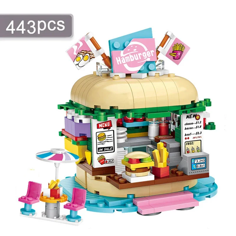 Creative Burger Shop Model Building Block Set DIY City Street Scene Small Particle Assembled Ornaments Children's Toys Gifts