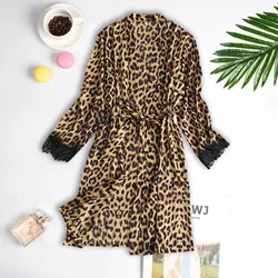 Women Satin Silk Robe Leopard Print Bride Wedding Robe Gown Sleepwear Lace Sexy Kimono Bathrobe Night Dress Casual Nightgown