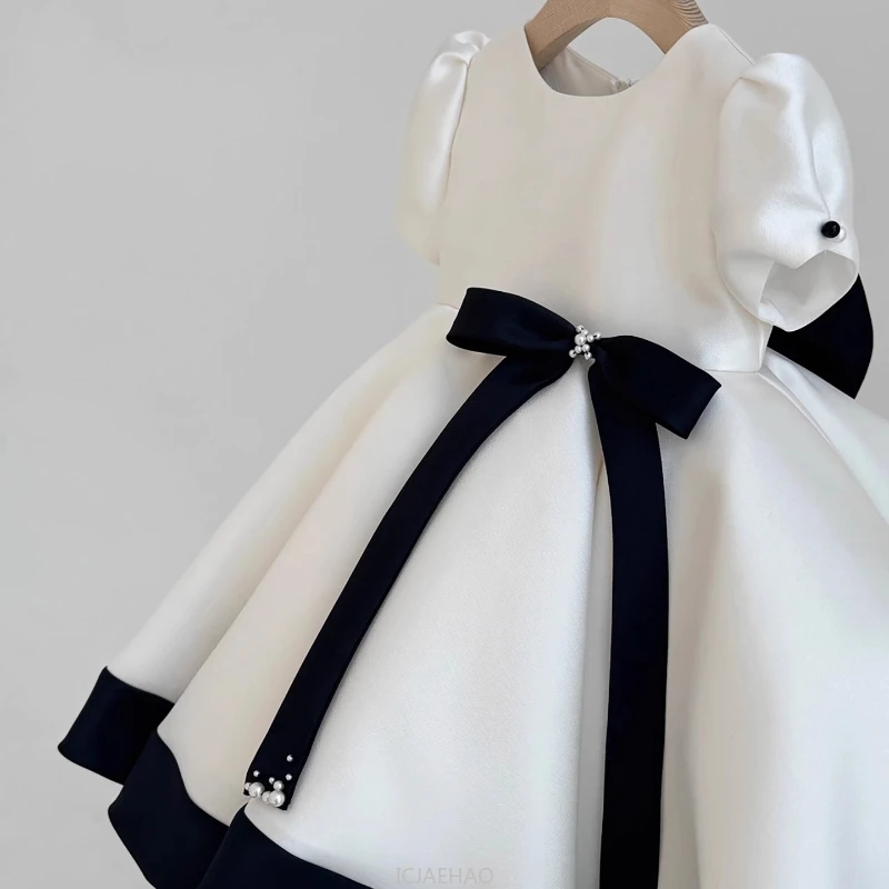 French Style Baby Girl Satin 1st Birthday Dress Wedding Flower Girl Princess Gown Black White Classic Party Outfit Kid Costumes
