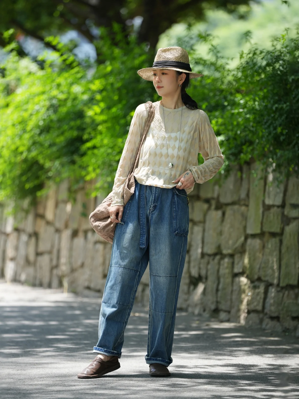 

Винтажные рабочие джинсы Waed с поясом, прямые, синие, из хлопкового денима, с завышенной талией, длинные брюки