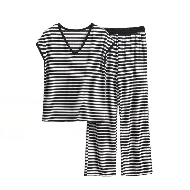 

2PCS/Set Women Striped Short Sleeve Tops Trousers Pajama Set Female Summer High Waist Pant Leisure Wear