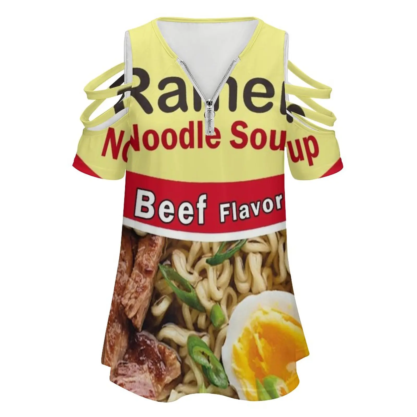 Beef Ramen Noodles Is Life Women'S T-Shirt New Fashion Printed Zipper V-Neck Short Sleeve T Shirts Casual Plus Size Beef Ramen