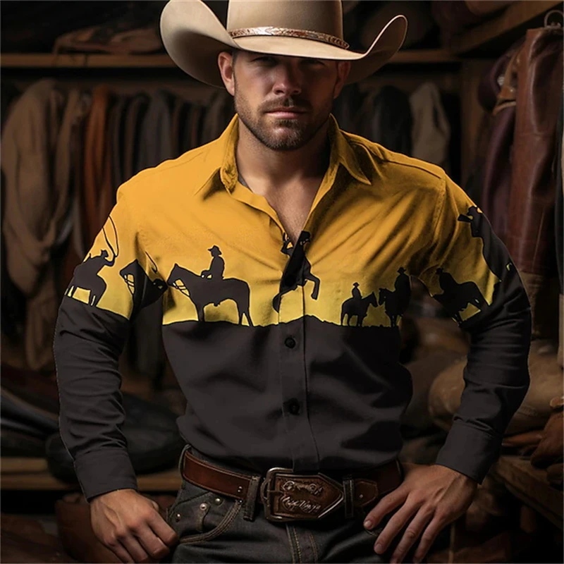 Retro Western Cowboy Pattern Shirts Fashion Trendy Men's Long Sleeve Shirt Outdoor Street Casual Daily Wear Oversize Men Clothes