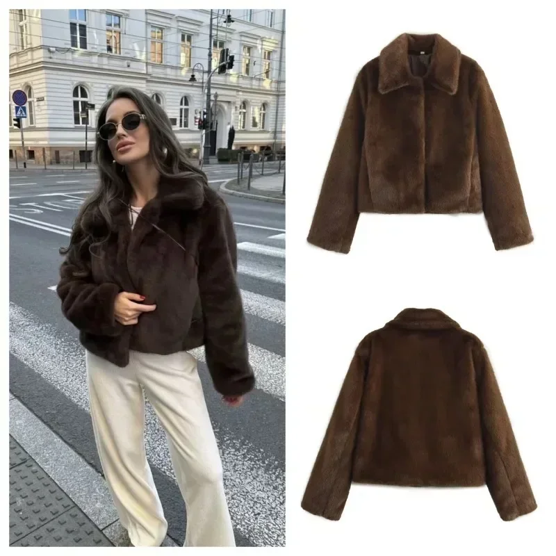 Brown Lapel Faux Fur Short Coat Women Fluffy Long Sleeve Warm Thick Loose Jacket 2024 Autumn Winter Lady High Street Outwear