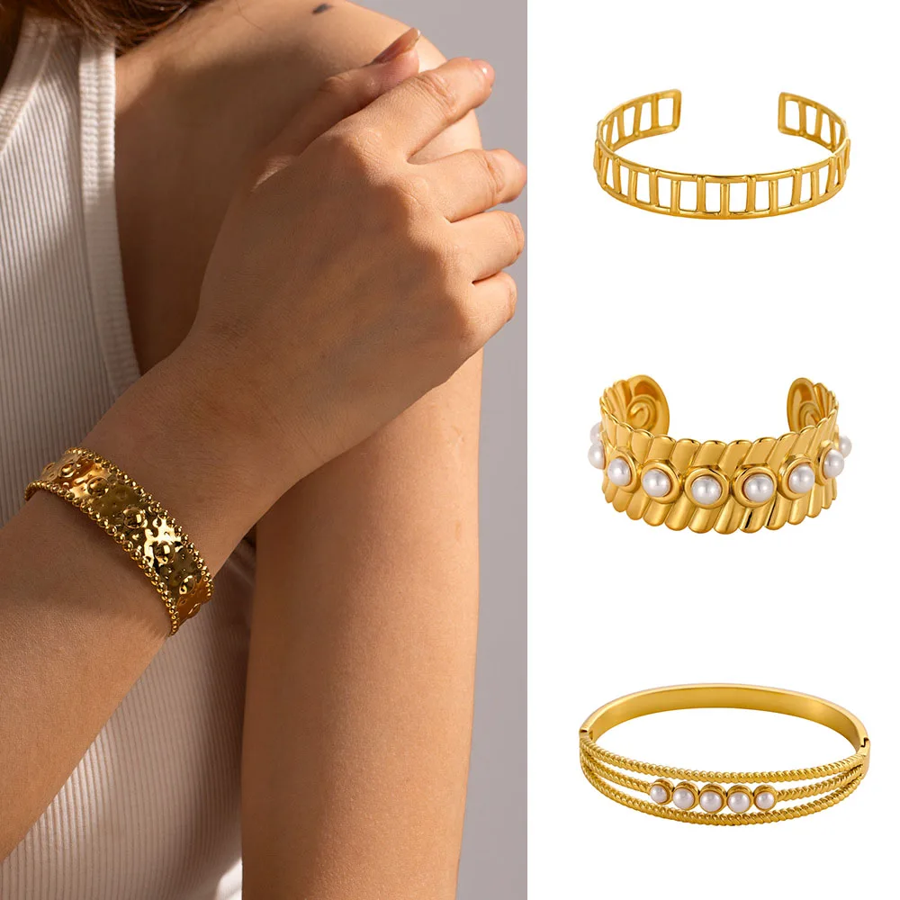 Minimalist High Quality Gold Plated Advanced Geometric Pearl Stainless Steel Bracelet Bangle Vintage Open Rings Set Women