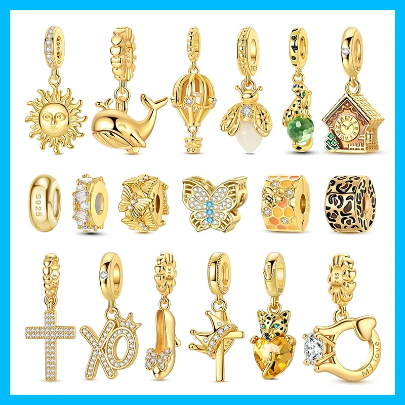 925 Sterling Silver Gold Plated Sun Charms Beads Fit Original Bracelets Bag Keychain Charms Beads Pendant Diy Women Jewelry Gift