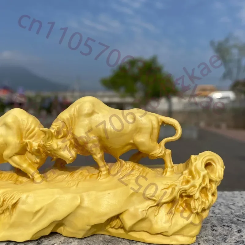 Yellow Boxwood Hand Carved Fighting Bulls Statue Figurine Zodiac Ox Wealth Prosperity Feng Shui Ornament Home Office Desk Decor