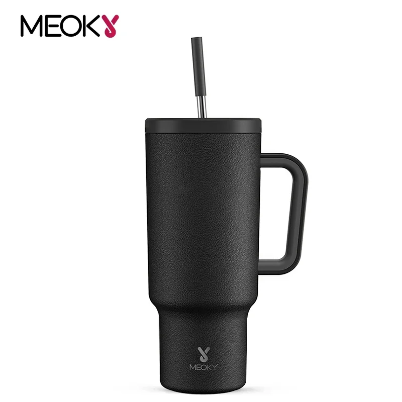 

Meoky 40oz Straw Cup Tumbler Handle Cup Non-Slip Base Large Capacity Mug Leak-proof Black Color Potable Ice Cold Vacuum Cup