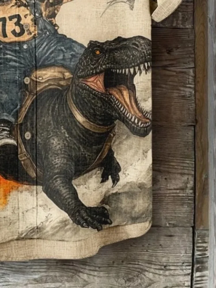 Men's Cat Holding Basketball And Riding Dinosaur Art Print Casual Shirt Harajuku Streetwear Short Sleeve Lapel Collar Tunics Man