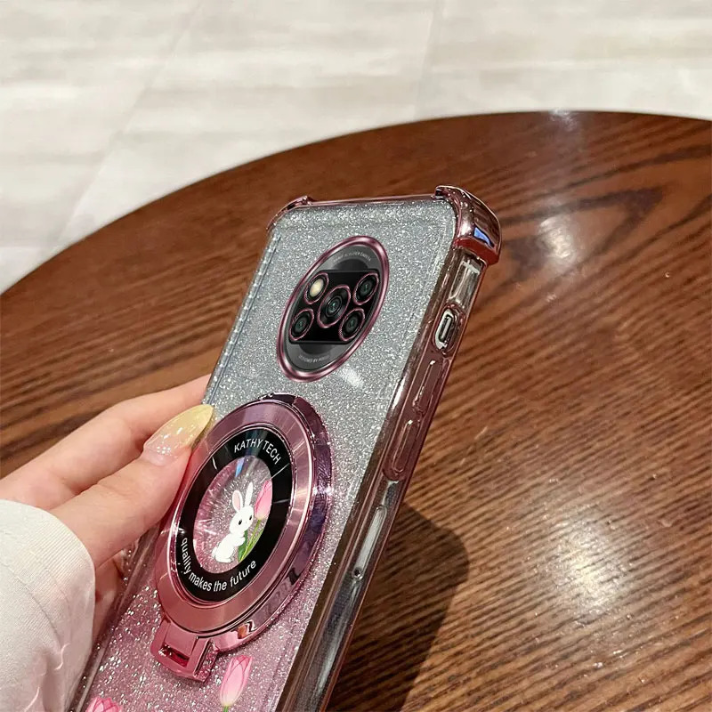 เคสโทรศัพท์มือถือ Xiaomi Mi Poco X3 Nfc GT M3 Pro X5 F3 F4 X6 M6 พร้อมสายคล้องมุก ประดับกลิตเตอร์ ลายกระต่ายน่ารัก พร้อมขาตั้ง