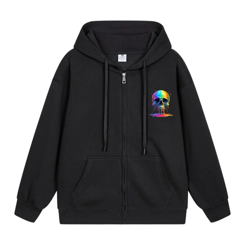 

Men's Zip-Up Hoodie Colorful Skull On Black Hoodie Halloween in 2025 Casual Couples’ Style Halloween Theme Halloween Party Outf