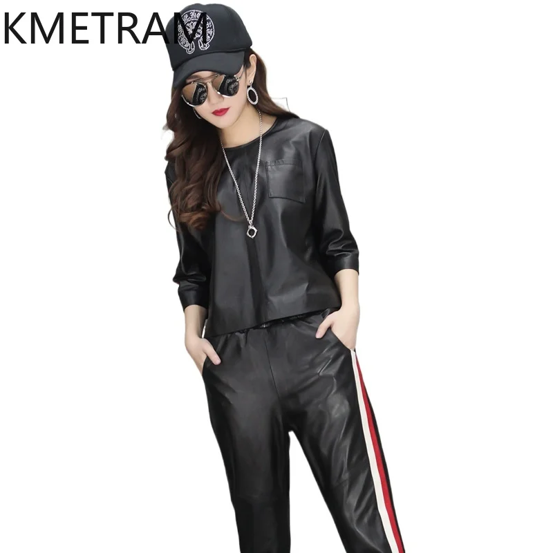 本物の羊皮トップレイヤーのレディース本革ジャケットとパンツカジュアルスーツ女性秋服2025 дубленка женская