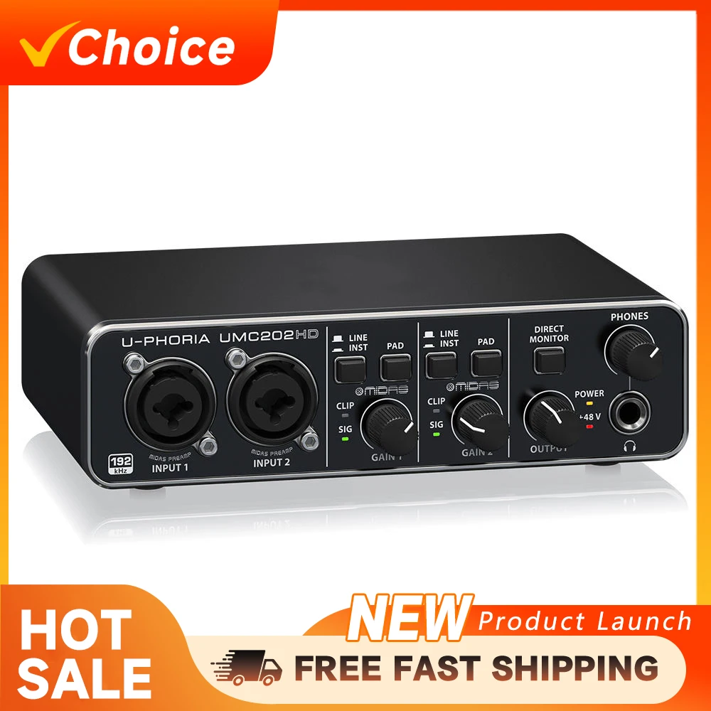 Interfaz de Audio USB U-Phoria UMC202HD 2x2 con Preamplificadores de Micrófono Midas, Tarjeta de Sonido para Estudio de Grabación, Podcast, Música en Vivo y Transmisión