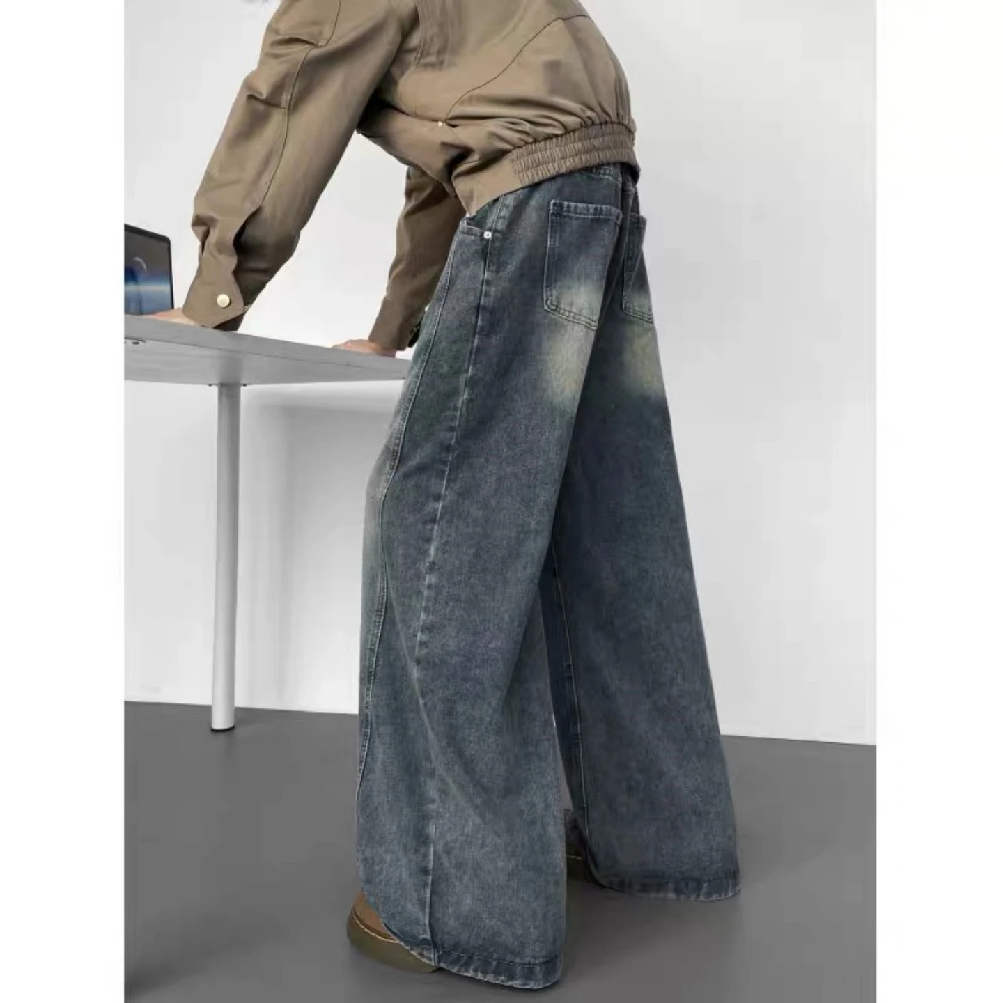 

Retro Blue Patchwork Men's Jeans Spring Autumn Cleanfit American High Street Trendy Brand Washed Loose Straight Leg Wide Leg ...