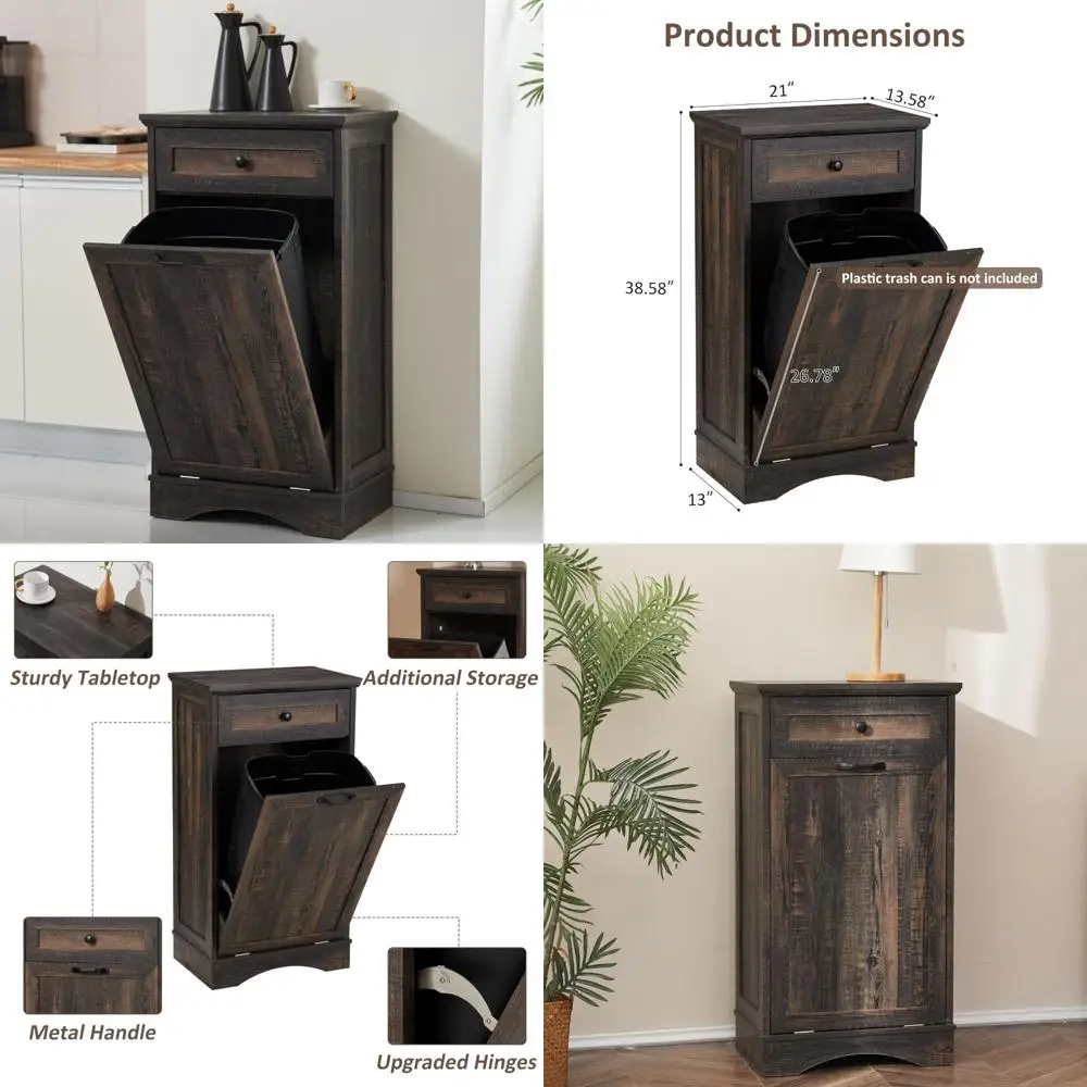 

Wooden Freestanding Kitchen Trash Bin Cabinet with Tilt-Out Feature, Recycling and Hideaway Drawer for Pet-Friendly Use