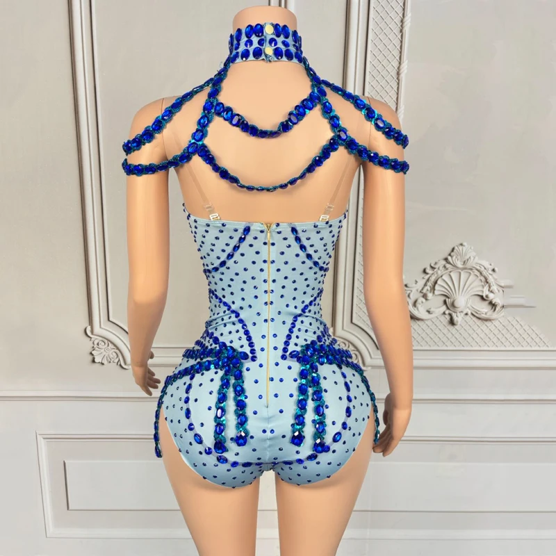 Women Group Jazz Dance Costume Blue Rhinestones Bodysuit Halloween Bar Nightclub Ds Dj Gogo Dancer Outfit Rave Wear XS9691