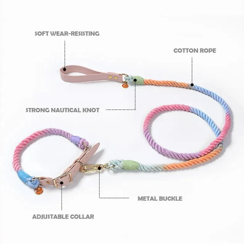 Pet Traction Rope Collar Set Handmade Braided Cotton Dog Leash Leather Collar For Medium Large Dog Walking Training Lead Rope