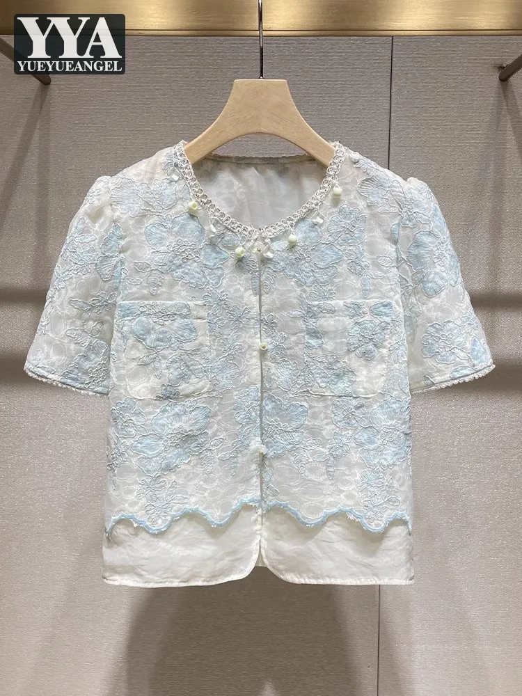 

Elegant Women Shirt Short Sleeve Flowers Embroidery Summer Office Ladies Patchwork Single Breasted Fashion Tops Casual Blouses