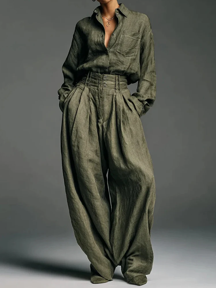 

New Wide Leg Pants Simple Two Pieces Set, Women Spring Autumn Long Sleeve Chic Outfit, Single-Breasted Cardigan Top Ladies Suits