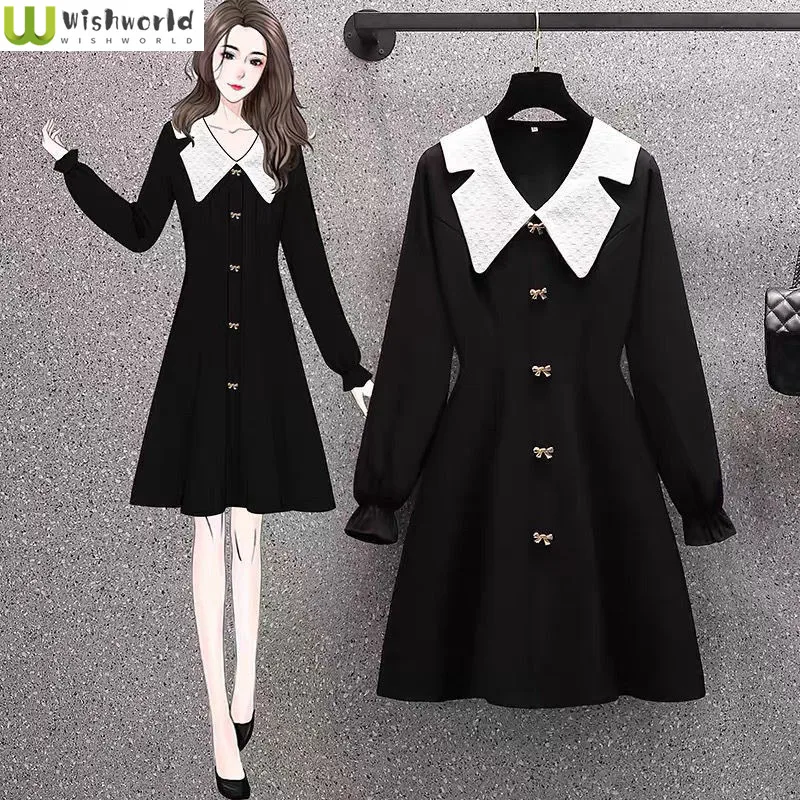 2023 Spring and Autumn Korean Version Small Black Dress French Style Retro Temperament Doll Neck Reducing Age Slimming Dress